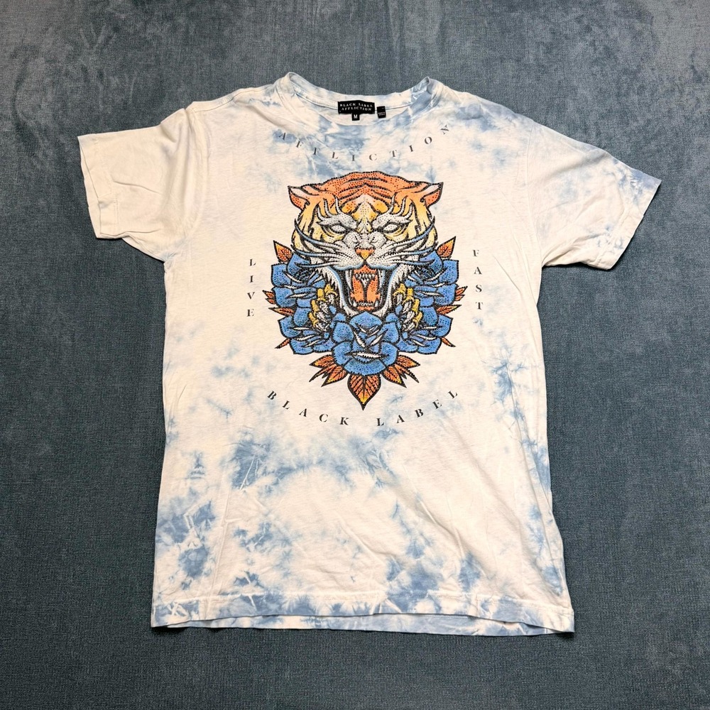 Affliction Black Label Screaming Alchemy T Shirt Mens Medium Blue White Tie Dye